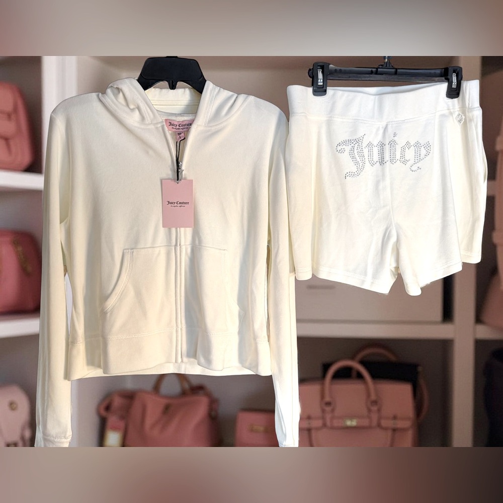 Juicy Couture NWT Sz L White Cream Velour Zipper Hoodie & Shorts Set (0664)